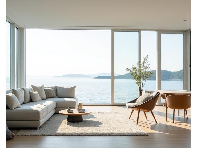 Lys og luftig villa på Askøy med minimalistisk marint tema, store vinduer og moderne møbler i blå- og grønntoner