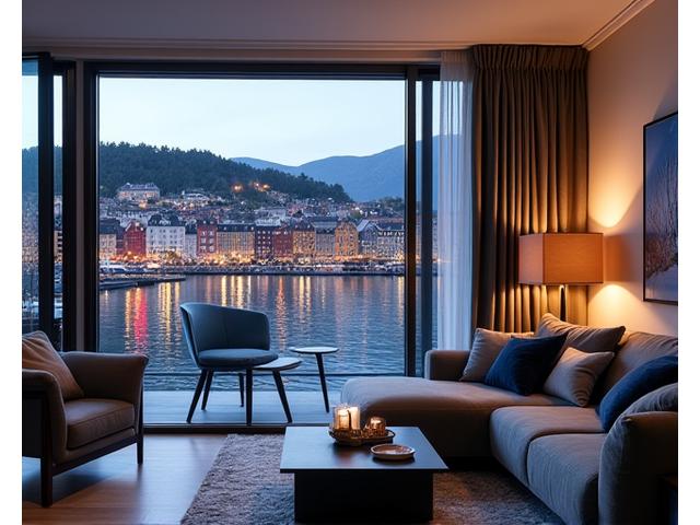 Moderne leilighetsinteriør på Bryggen i Bergen, med maritim kunst, mørke aksenter og utsikt over bryggekanten