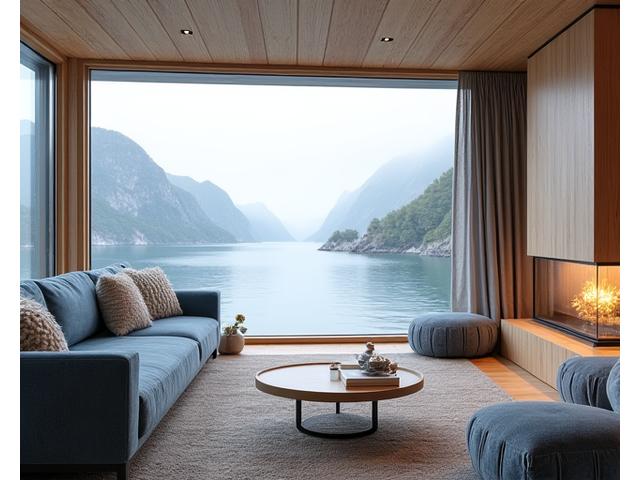 Interiør fra en luksuriøs sjøhytte i Sjøbygda, med naturlige materialer og panoramautsikt over fjorden