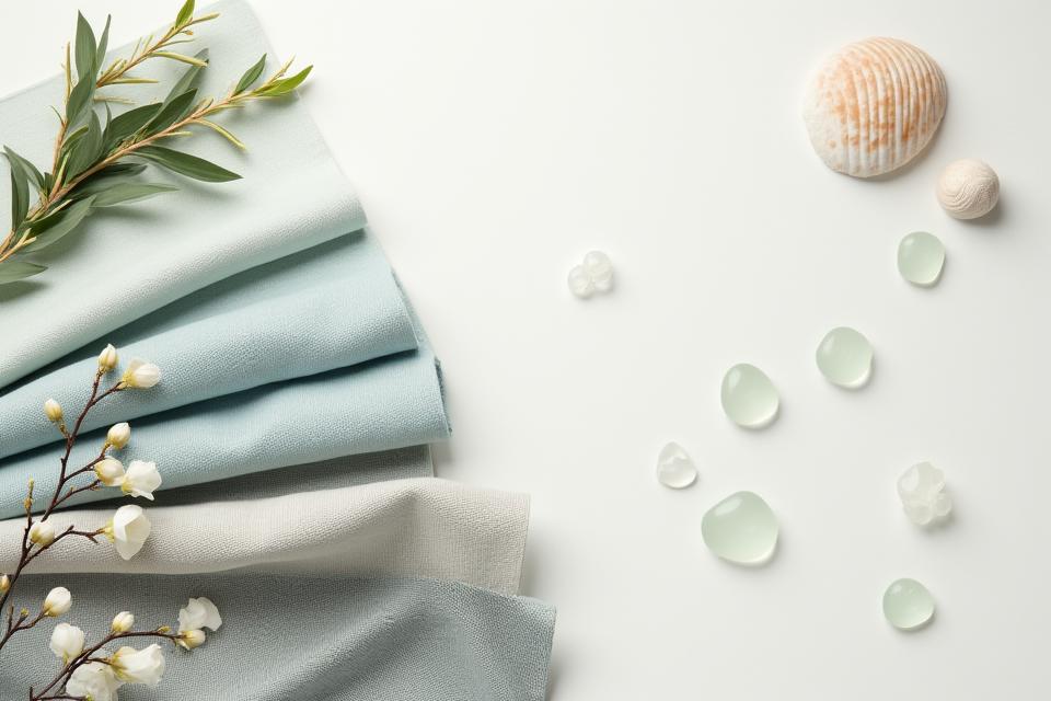 Nærbilde av ulike naturlige, bærekraftige materialer som resirkulert tre, økologisk lin og havglass, samlet i en estetisk presentasjon