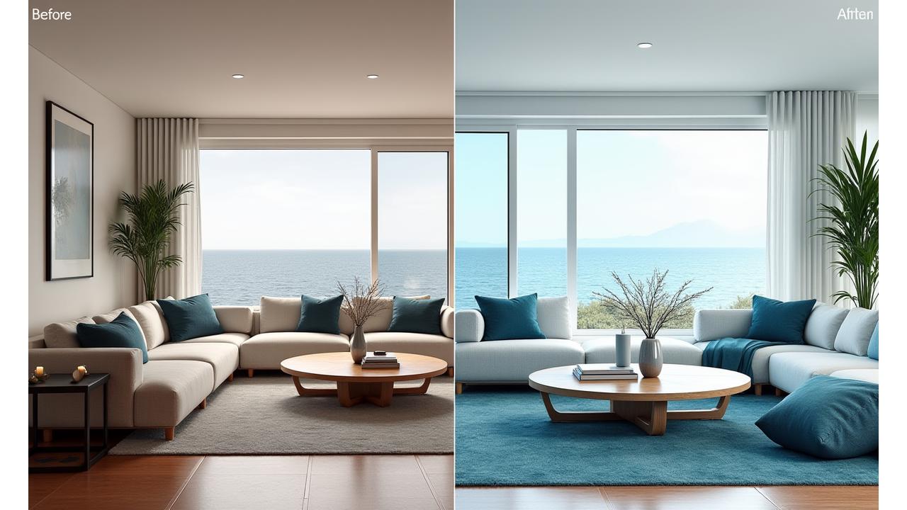 Før- og etterbilde av en stue transformert til et elegant maritimt tema, før viser et utdatert rom, etter viser et lyst og moderne marine-inspirert design.