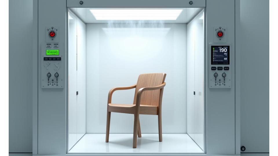 Møbel som blir utsatt for fuktighetstest i simulert maritimt miljø