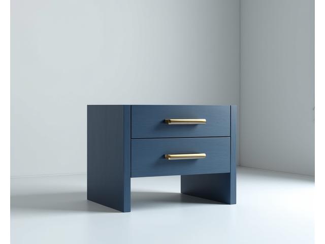 3D forhåndsvisning av en skreddersydd 'Dypblå' skjenk i mørk eik med messinghåndtak 