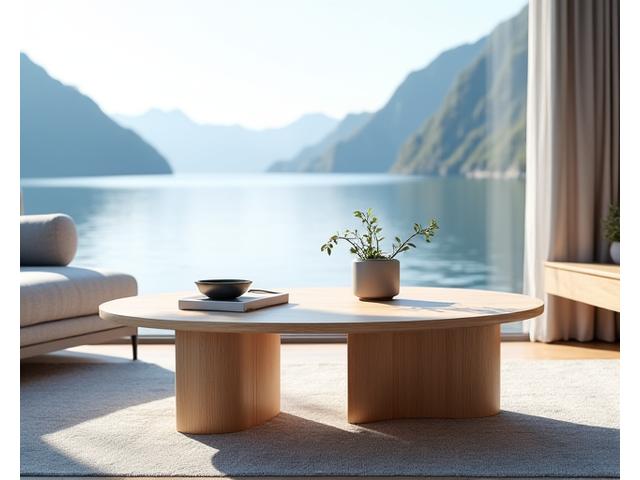 Sofabord 'Fjord' i lys eik, inspirert av norske fjorder