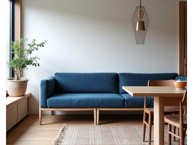 Spisesofa 'Blåst' i mørkeblå ull med lyse trebein