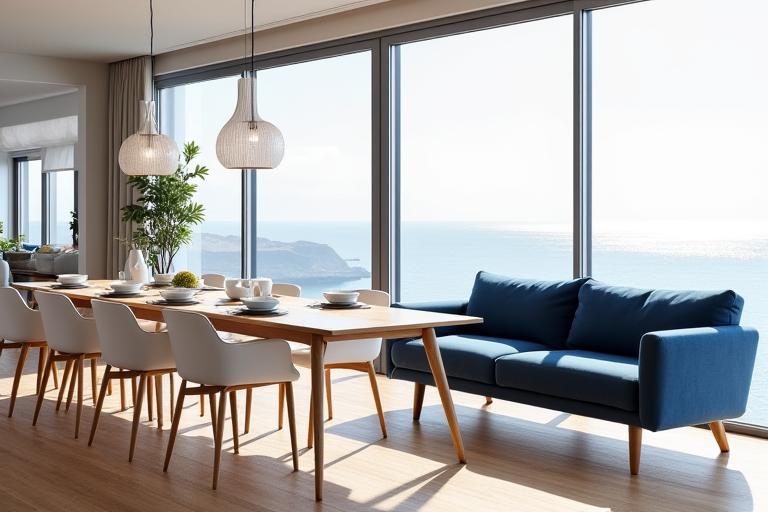 Spisestue med 'Blåst' spisesofa og moderne maritim innredning