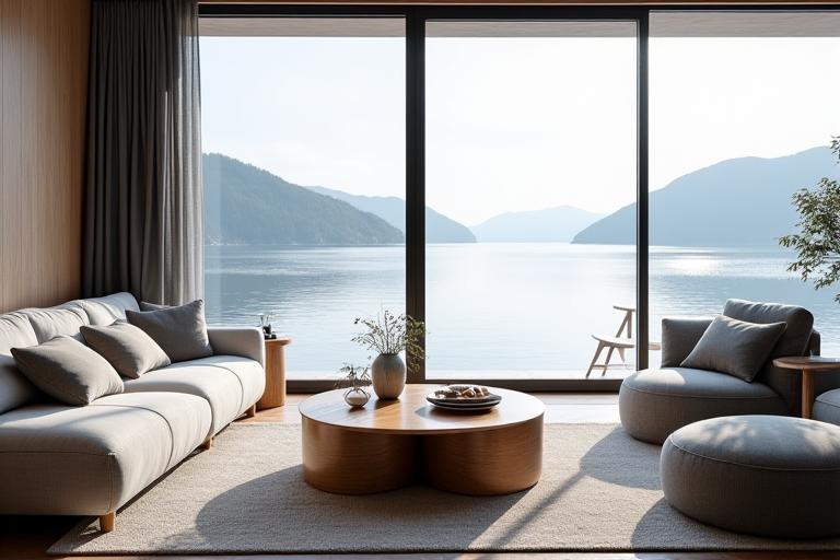 Stue med marine møbler og utsikt over fjord