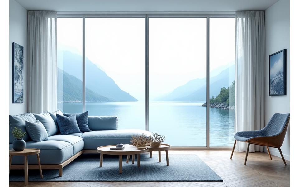 Interiør med naturlige materialer og maritim inspirasjon, dominert av tre og blåtoner