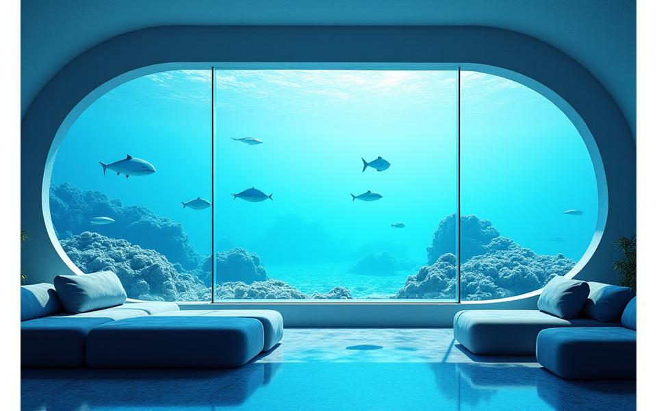 Futuristisk marint interiørdesign med smartteknologi og naturlige elementer