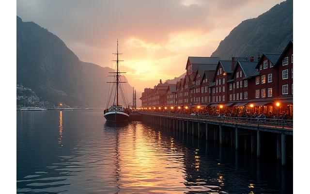 Bergen havneutsikt ved solnedgang med tradisjonell bryggebebyggelse