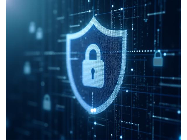 Abstrakt digitalt bilde som representerer kryptering og databeskyttelse, med glødende linjer som flettes sammen som et sikkerhetsnett