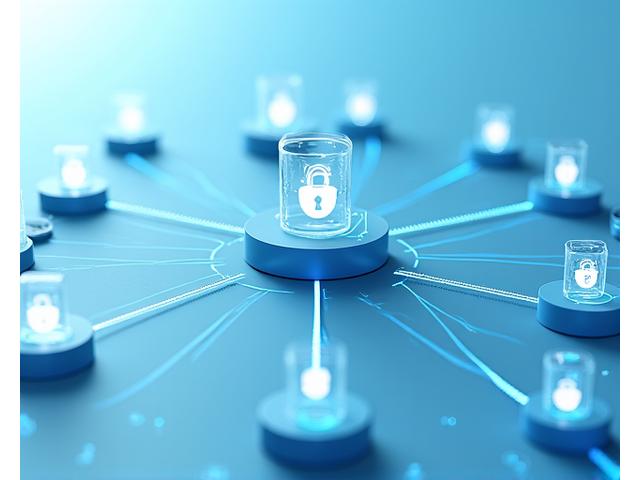 Et nettverksdiagram som viser data som flyter sikkert mellom en sentral nod og flere tredjepartsleverandører, med sikkerhetsikoner
