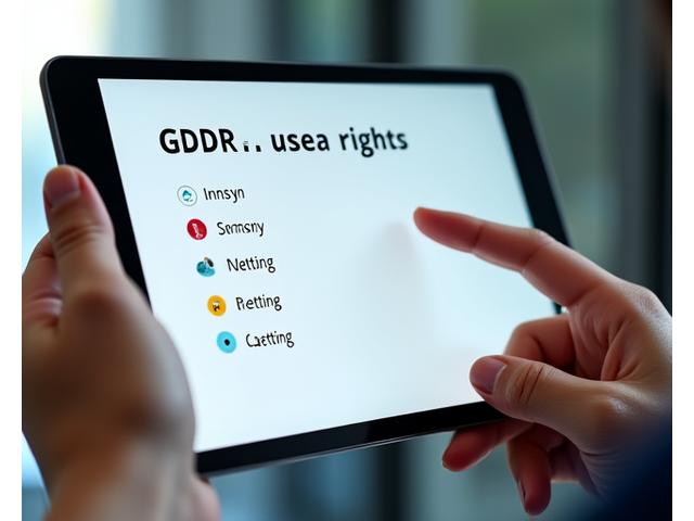 En hånd som peker på en digital liste over personvernrettigheter med ikoner som representerer innsyn, retting og sletting