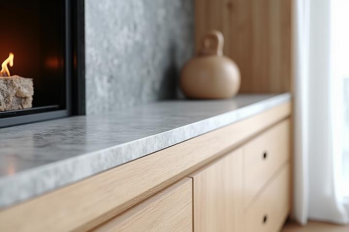 Norske treverk som furu og bjørk, kombinert med naturstein i et minimalistisk, norsk sjøhytteinteriør