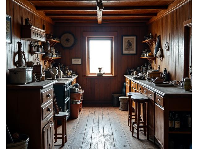 Før-bilde av en tradisjonell sjøhytte, mørk og utdatert interiør