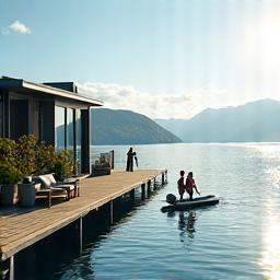 Familie som nyter badebrygge og båtliv utenfor en moderne sjøhytte