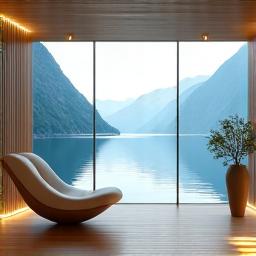 Et rolig wellness-område i en sjøhytte med utsikt over fjorden, kanskje et boblebad eller en badstue