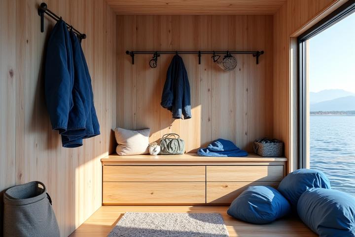 Slitesterke, værbestandige materialer i et sjøhytteinteriør, med smarte oppbevaringsløsninger for maritime aktiviteter