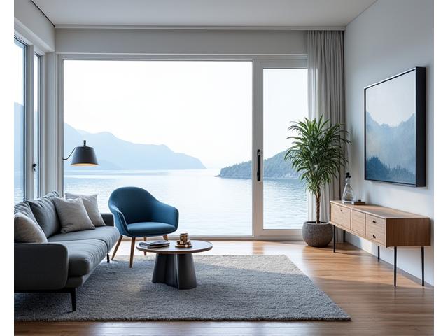 Et moderne norsk sjøhytteinteriør med lyse farger, minimalistisk estetikk, store vinduer og designmøbler