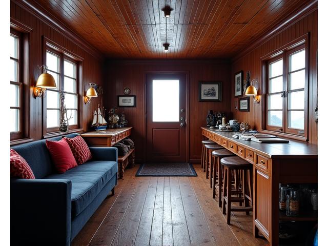 Et tradisjonelt norsk sjøhytteinteriør med mørkt treverk, arvede møbler og nautiske detaljer