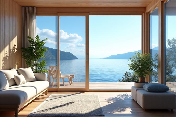 Lys og luftig sjøhytteinteriør om sommeren, med store åpne vinduer og utsikt til en solfylt fjord