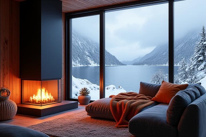 Koselig og varmt sjøhytteinteriør om vinteren, med peis, pledd og dempet belysning