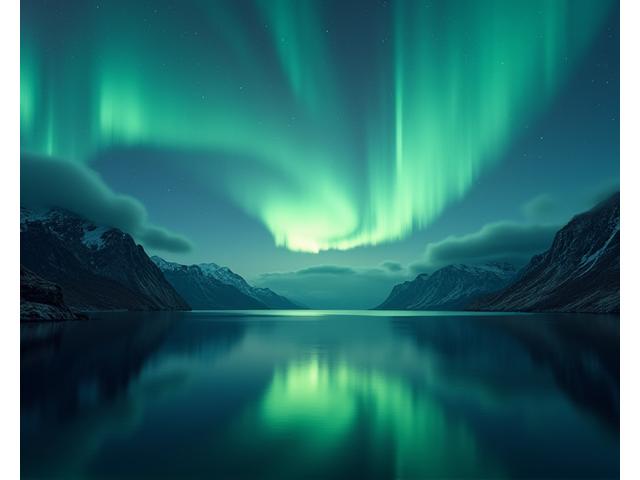 Tapetmotiv inspirert av nordlys reflektert i stille vann.