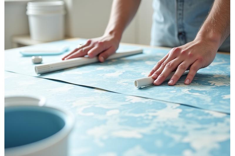 Detaljbilde av hender som nøye monterer et tapet på en vegg, med verktøy i forgrunnen.