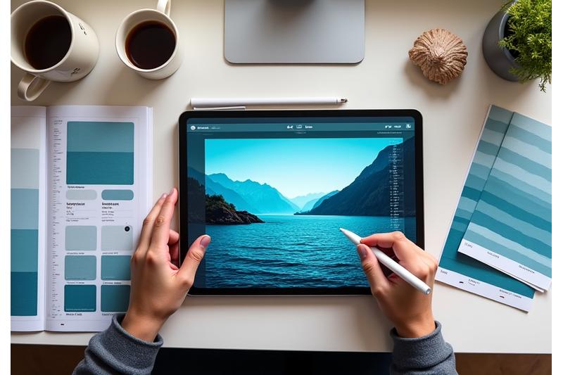 Illustrasjon av en designer som arbeider på en digital tegneflate med et unikt marint tapetdesign, med verktøy som fargepalett og prøver.