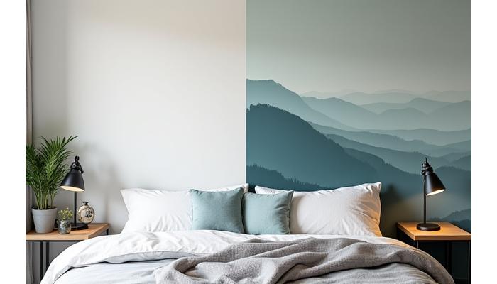 Bilde av et soverom før og etter, med tapet inspirert av tåkete fjorder.