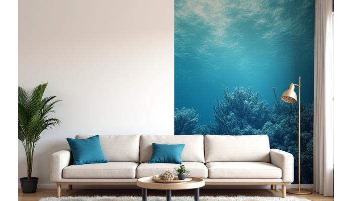 Bilde av en stue før og etter installasjon av marine tapeter, viser dramatisk forvandling.