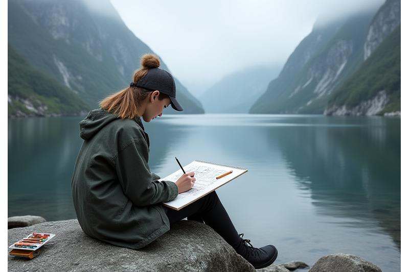Designer som skisserer marine motiver ved norsk fjordlandskap, med pensler og skissebok.