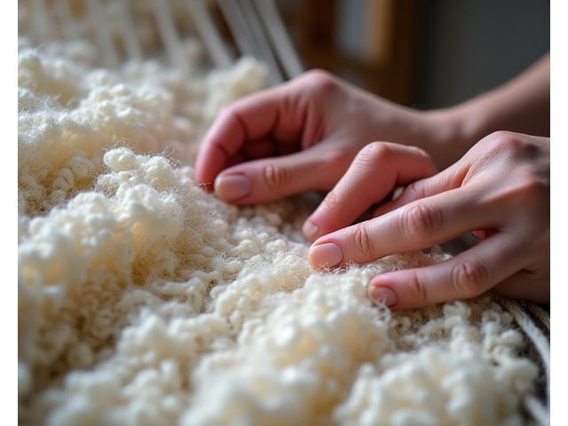 Hånd tilfører ullfibre til en vevstol, som illustrerer tradisjonelt teppeveveri.