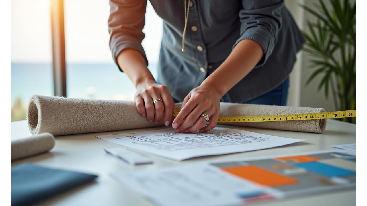 Interiørdesigner som måler et rom for et skreddersydd teppe, med tegninger og fargeprøver på bordet.