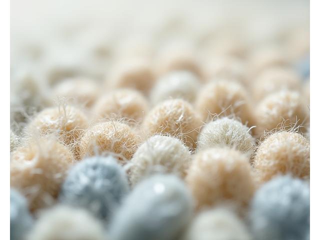 Nærbilde av et håndvevd teppe med sand- og skjelltekstur, viser fiberdetaljer.