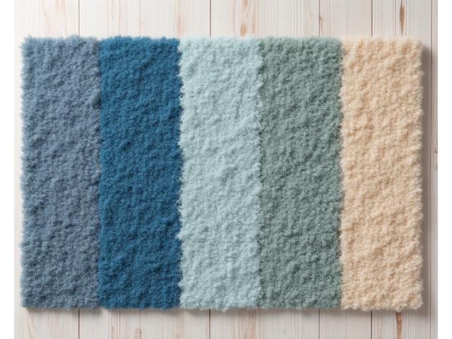 Samsvar av stoffprøver av tepper i forskjellige nyanser av blått, grått og beige, presentert på et trebord.