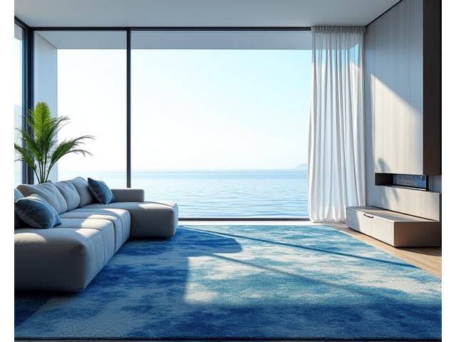 Et elegant, maritimt inspirert teppe visualisert i en moderne stue med utsikt over havet.