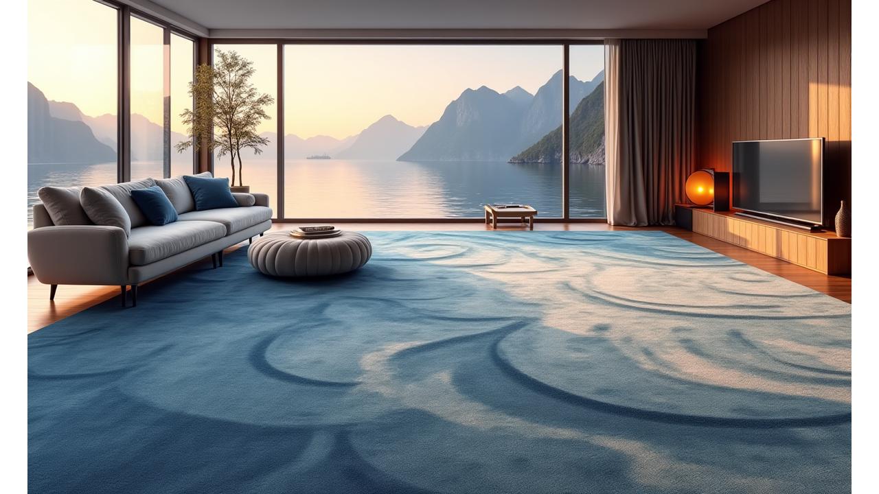 Luksuriøst teppe med havbølge-mønster i en elegant stue med utsikt over fjorden.