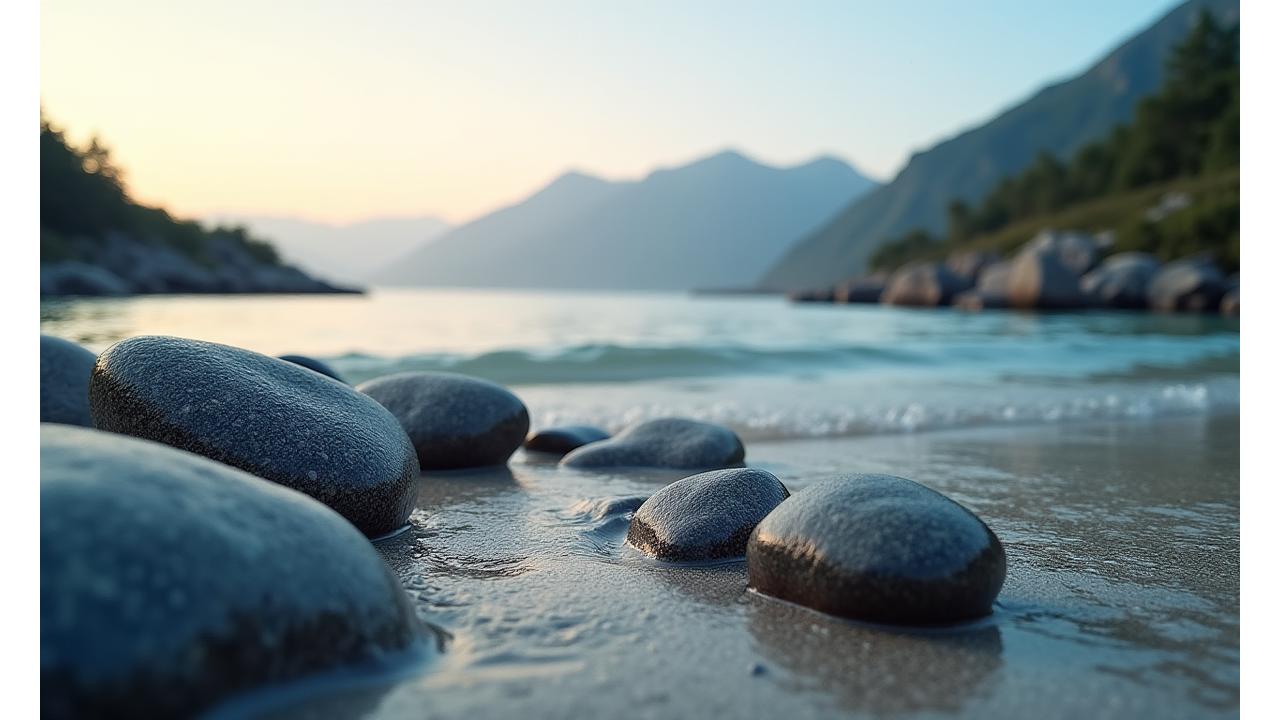 Et kunstnerisk bilde av en rolig norsk kystlinje med sand, steiner og tang ved solnedgang, inspirasjon for teppefarger.