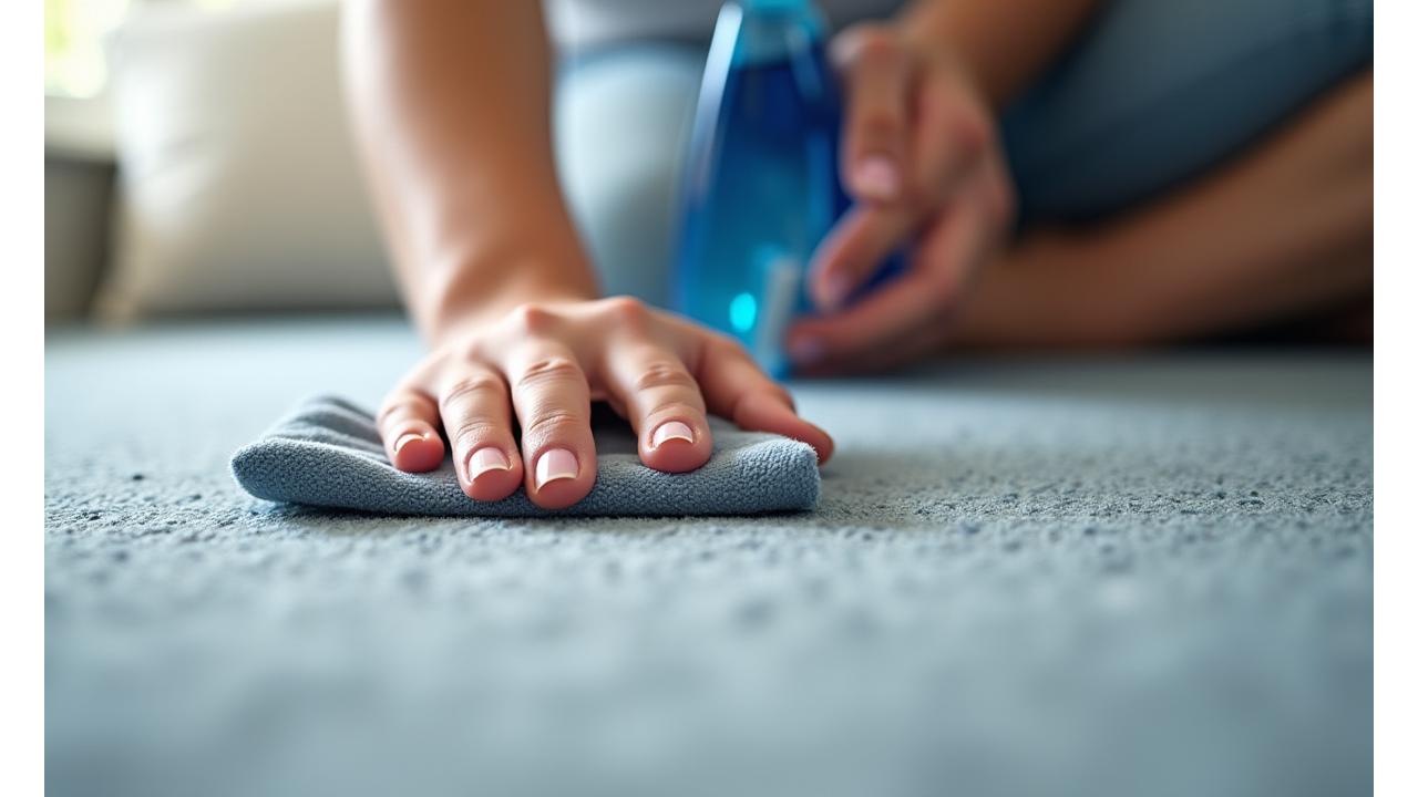 En person renser forsiktig et teppe med et spesialprodukt, demonstrerer vedlikehold for lang levetid.