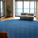 Et stort marineblått teppe i en lys, moderne stue med store vinduer mot havet.