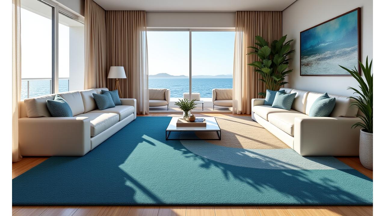 Et elegant, lagdelt marine-inspirert teppe i en romslig stue, koordinert med møbler og kunst.