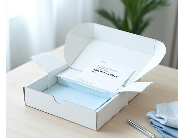 En elegant eske med et returskjema og en penn, pakket og klar for sending, i et maritimt inspirert miljø